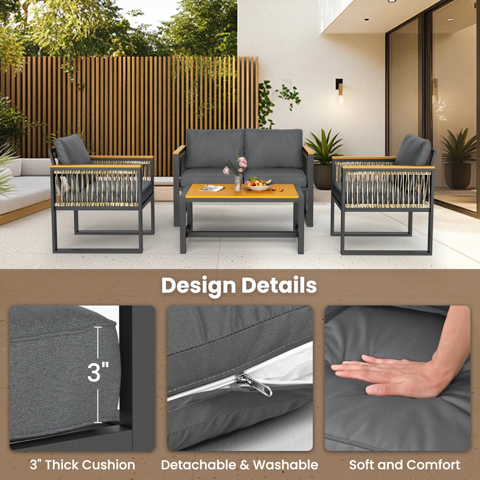 4 Pieces Outdoor Patio Furniture Set with Wicker Handrails, Plastic-Wood Balcony Furniture with Wicker Arm Panel, All-Weather Me