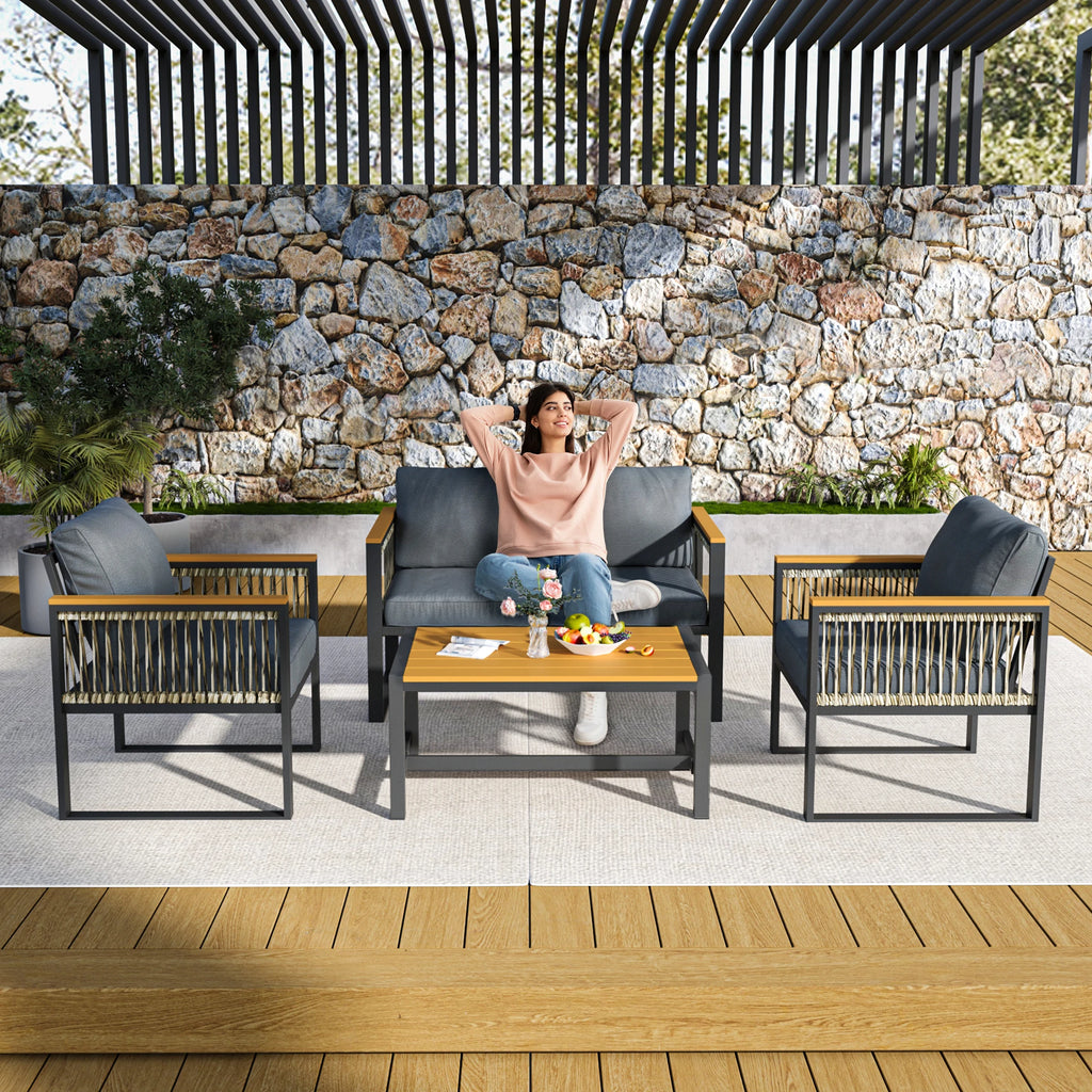 4 Pieces Outdoor Patio Furniture Set with Wicker Handrails, Plastic-Wood Balcony Furniture with Wicker Arm Panel, All-Weather Me