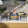 4 Pieces Outdoor Patio Furniture Set with Wicker Handrails, Plastic-Wood Balcony Furniture with Wicker Arm Panel, All-Weather Me