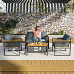 4 Pieces Outdoor Patio Furniture Set with Wicker Handrails, Plastic-Wood Balcony Furniture with Wicker Arm Panel, All-Weather Me
