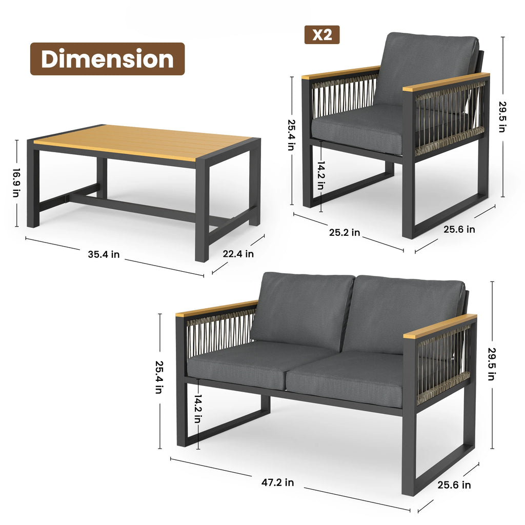 4 Pieces Outdoor Patio Furniture Set with Wicker Handrails, Plastic-Wood Balcony Furniture with Wicker Arm Panel, All-Weather Me