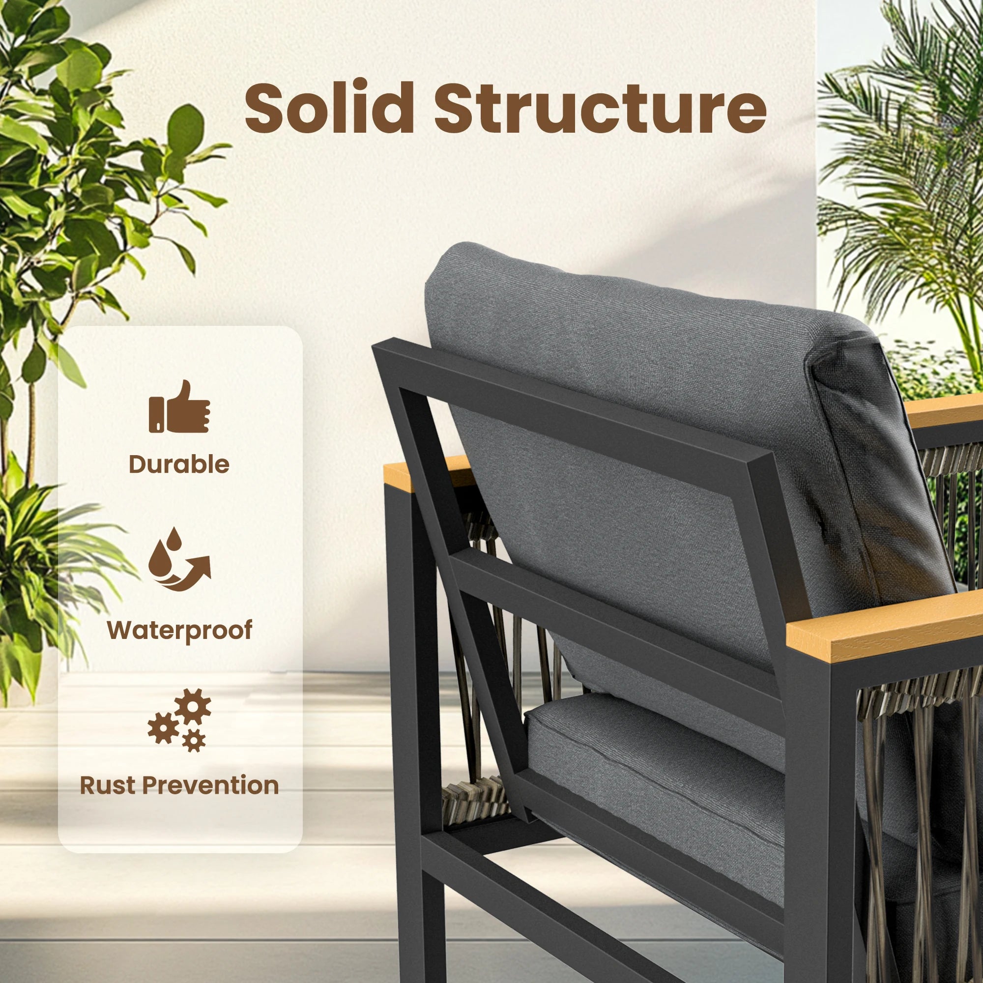 4 Pieces Outdoor Patio Furniture Set with Wicker Handrails, Plastic-Wood Balcony Furniture with Wicker Arm Panel, All-Weather Me