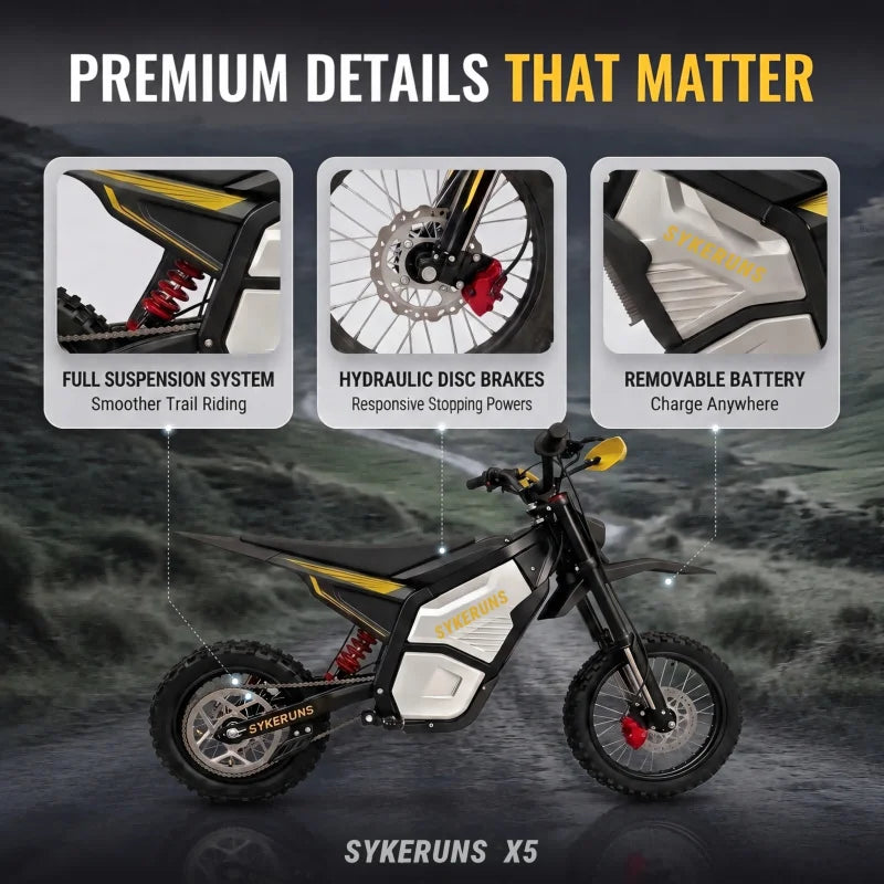SYKERUNS X5 3000W Electric Dirt Bike 48V 24Ah Off Road Motorcycle Hydraulic Disc Brake for Adults Teens