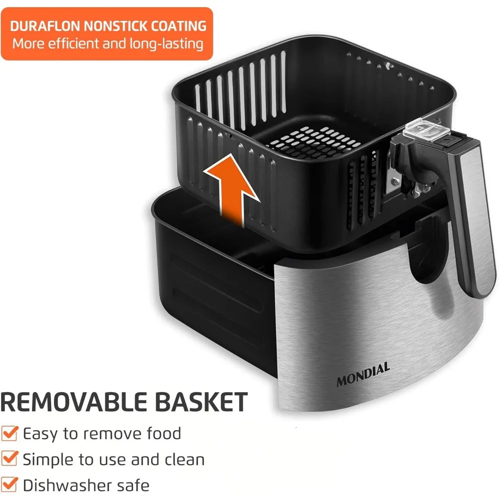 Digital Air Fryer 5.3QT High Power Stainless Steel Finish Black Inox