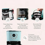 Coffee Machine, 12 Cup Programmable Drip Coffee Maker with Auto Shut-Off Function and Reusable Washable Water Filter, Turquo