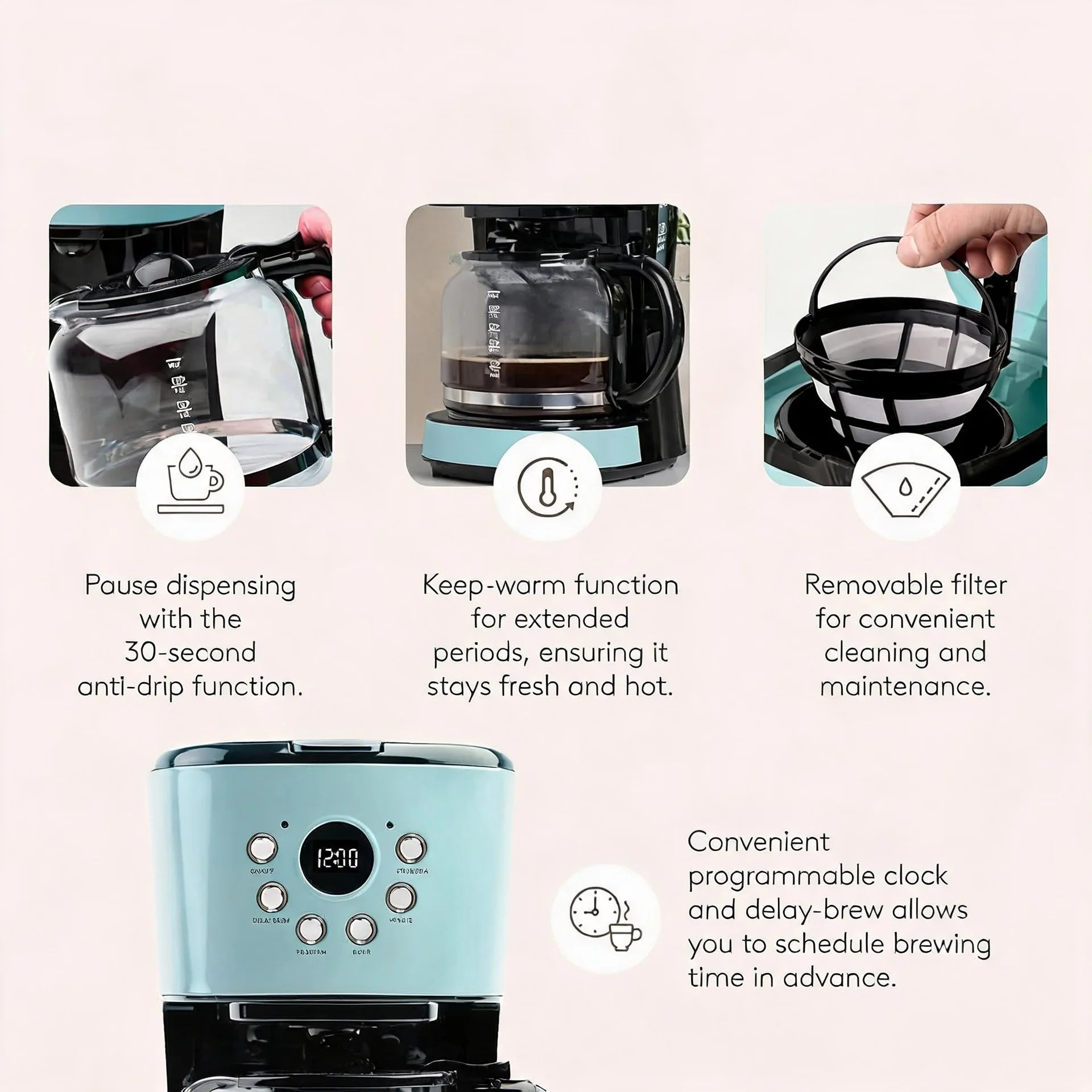 Coffee Machine, 12 Cup Programmable Drip Coffee Maker with Auto Shut-Off Function and Reusable Washable Water Filter, Turquo