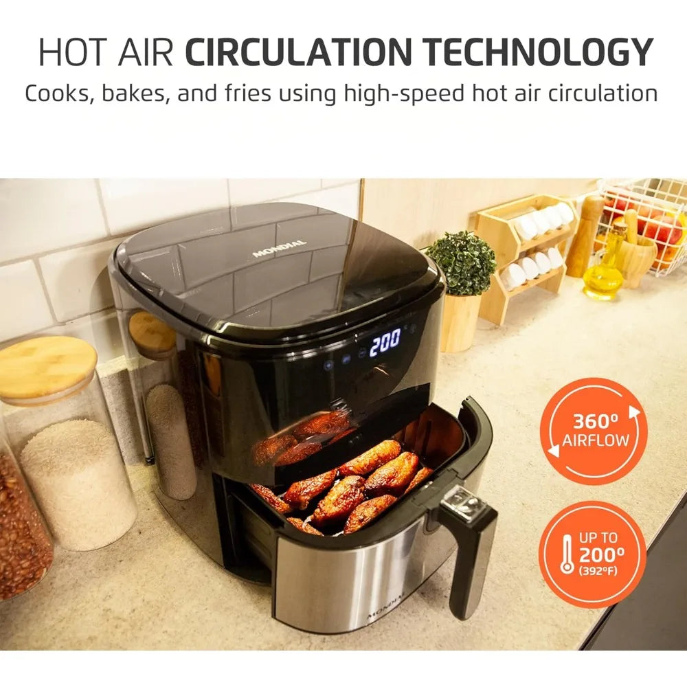 Digital Air Fryer 5.3QT High Power Stainless Steel Finish Black Inox