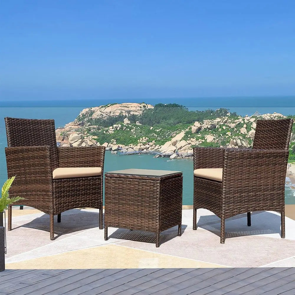 3-Piece Outdoor PE Rattan Furniture Set with Cushions and Glass Coffee Table, Brown and Beige