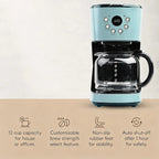 Coffee Machine, 12 Cup Programmable Drip Coffee Maker with Auto Shut-Off Function and Reusable Washable Water Filter, Turquo