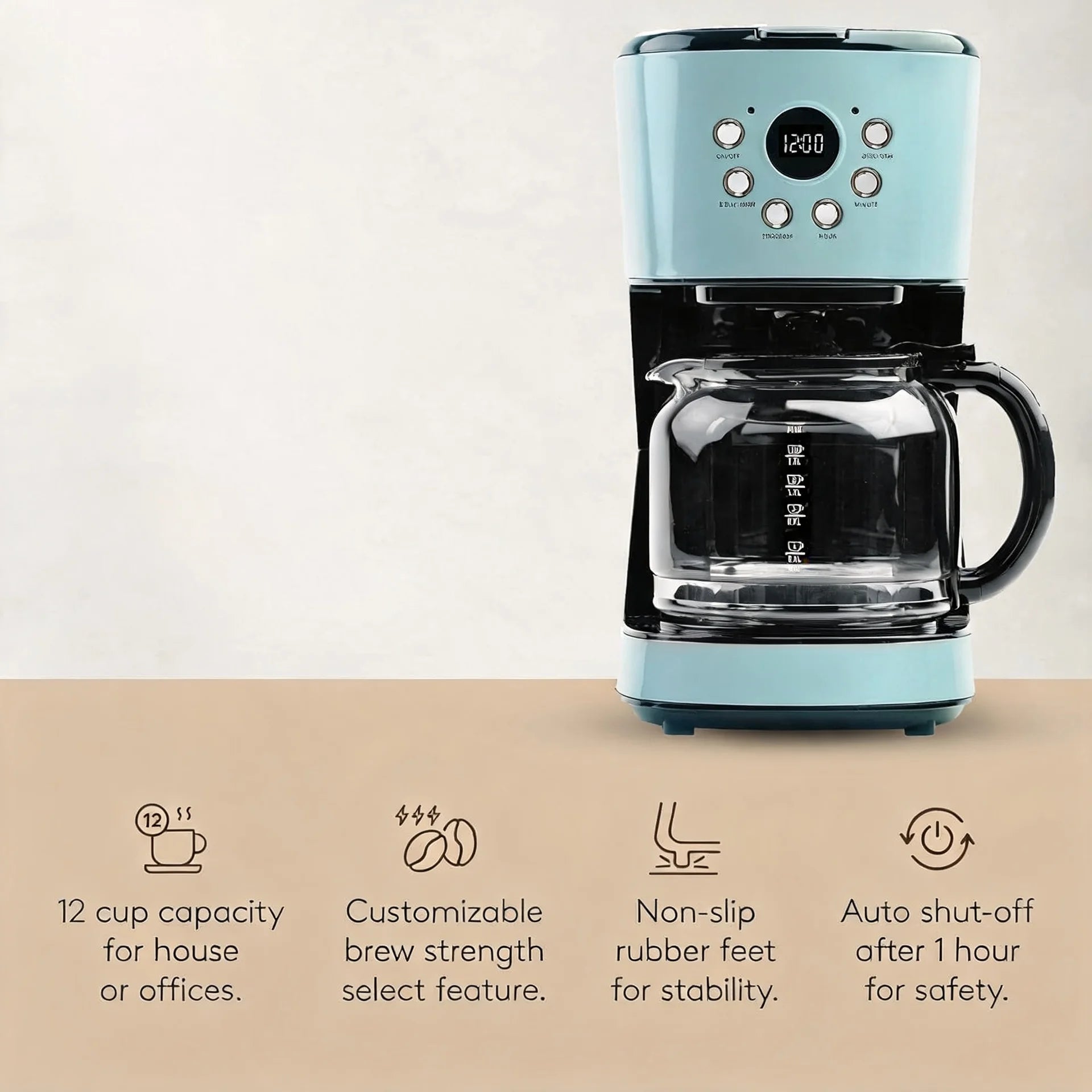 Coffee Machine, 12 Cup Programmable Drip Coffee Maker with Auto Shut-Off Function and Reusable Washable Water Filter, Turquo