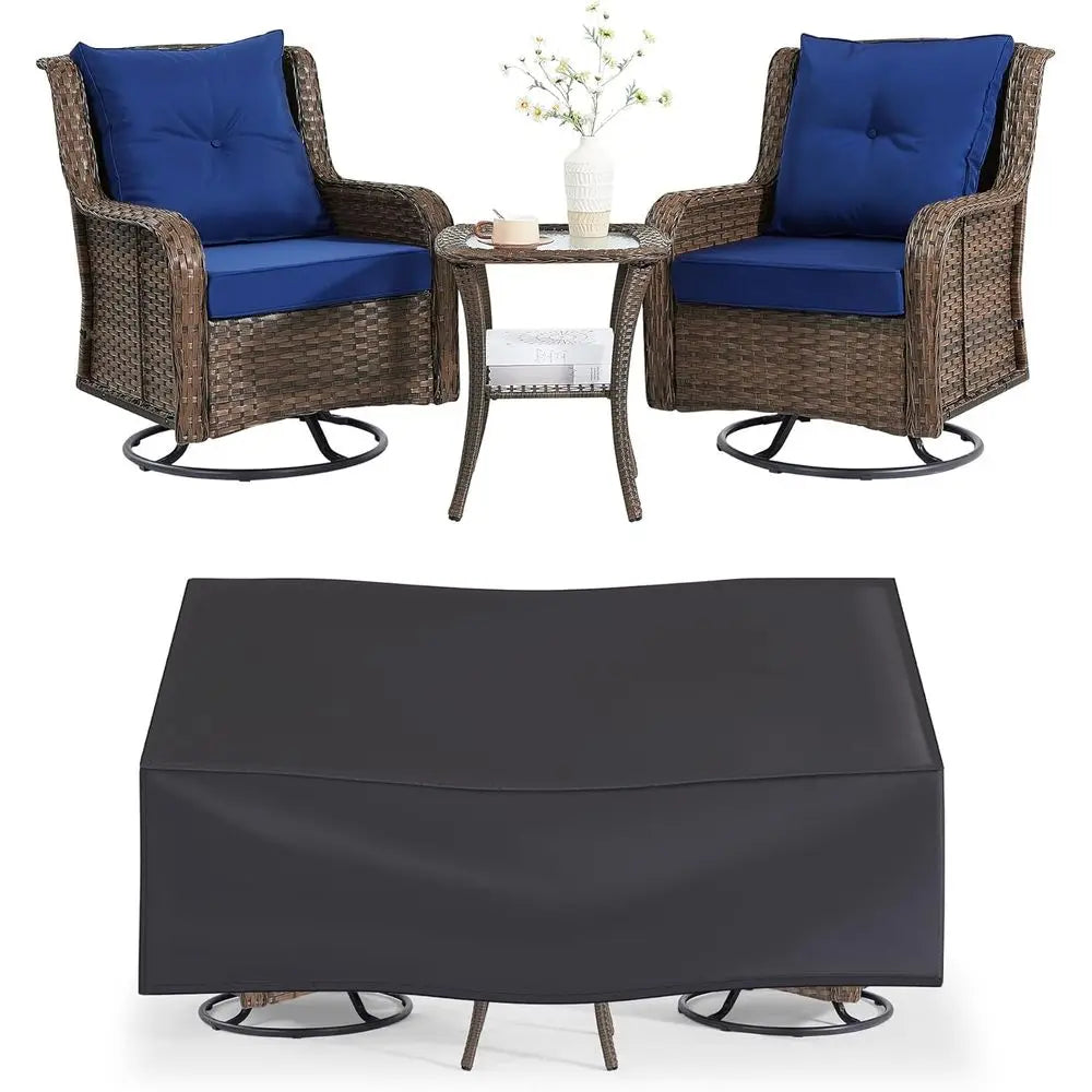 3-Piece Wicker Outdoor Furniture Set with Swivel Rocking Chairs and Side Table - Brown Wicker/Blue Cushions
