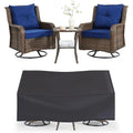 3-Piece Wicker Outdoor Furniture Set with Swivel Rocking Chairs and Side Table - Brown Wicker/Blue Cushions