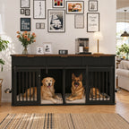 71 Inch Furniture Style Double Dog Crate, Black Large Dog Kennel Furniture with 3 Fluted Drawers Waterproof Walnut Woodgrain Tabletop, Type C Power Outlet Rotating Feeders Stainless Steel Bowls, Heavy Duty Wood Steel Dog Crat