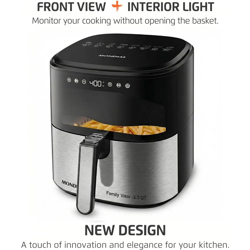 Digital Air Fryer 5.3QT High Power Stainless Steel Finish Black Inox