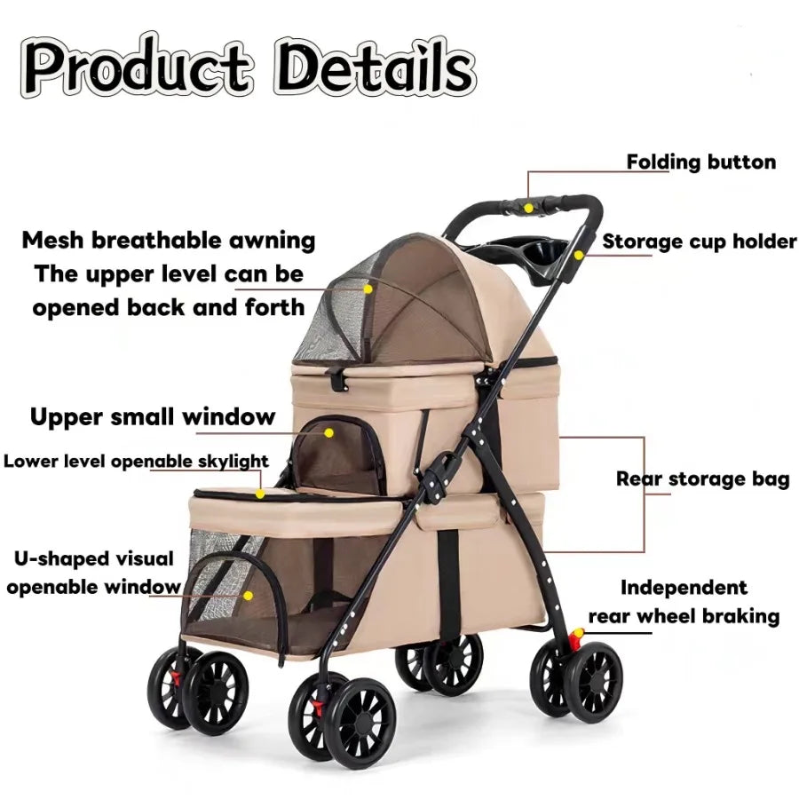 Double Pet Stroller for Small Cats and Dogs, Foldable Kittens Puppies Travel Strolling Cart with 2 Carriages, Lockable Wheels,
