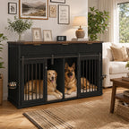 71 Inch Furniture Style Double Dog Crate, Black Large Dog Kennel Furniture with 3 Fluted Drawers Waterproof Walnut Woodgrain Tabletop, Type C Power Outlet Rotating Feeders Stainless Steel Bowls, Heavy Duty Wood Steel Dog Crat