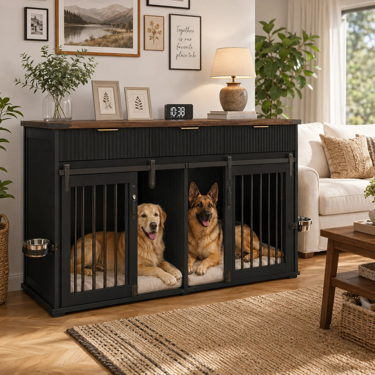 71 Inch Furniture Style Double Dog Crate, Black Large Dog Kennel Furniture with 3 Fluted Drawers Waterproof Walnut Woodgrain Tabletop, Type C Power Outlet Rotating Feeders Stainless Steel Bowls, Heavy Duty Wood Steel Dog Crat