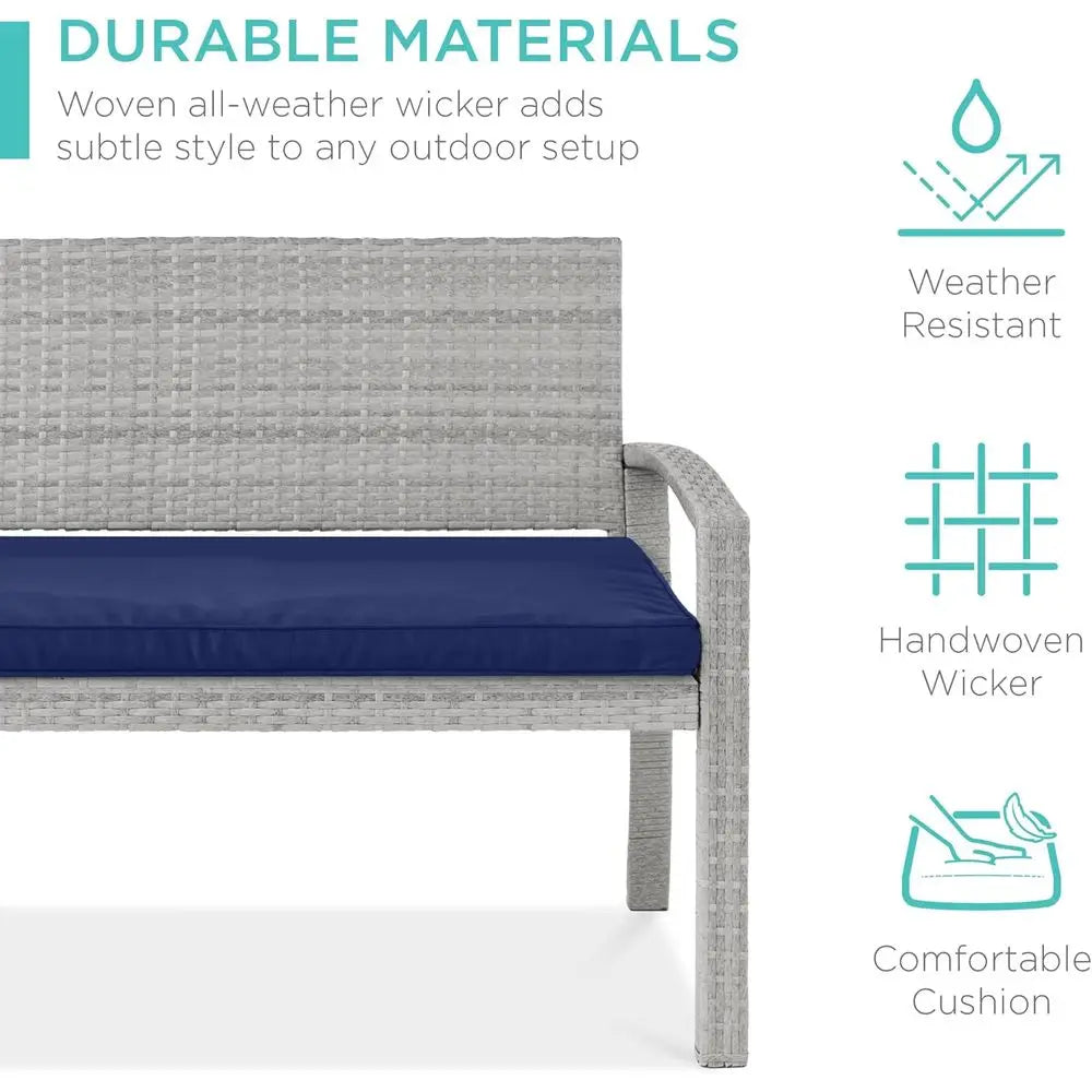 Outdoor Bench 2-Person Wicker Garden Patio Benches Seating urniture or Backyard, Porch w/Seat Cushion, 700lb acity - Gray/Navy