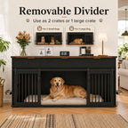 71 Inch Furniture Style Double Dog Crate, Black Large Dog Kennel Furniture with 3 Fluted Drawers Waterproof Walnut Woodgrain Tabletop, Type C Power Outlet Rotating Feeders Stainless Steel Bowls, Heavy Duty Wood Steel Dog Crat