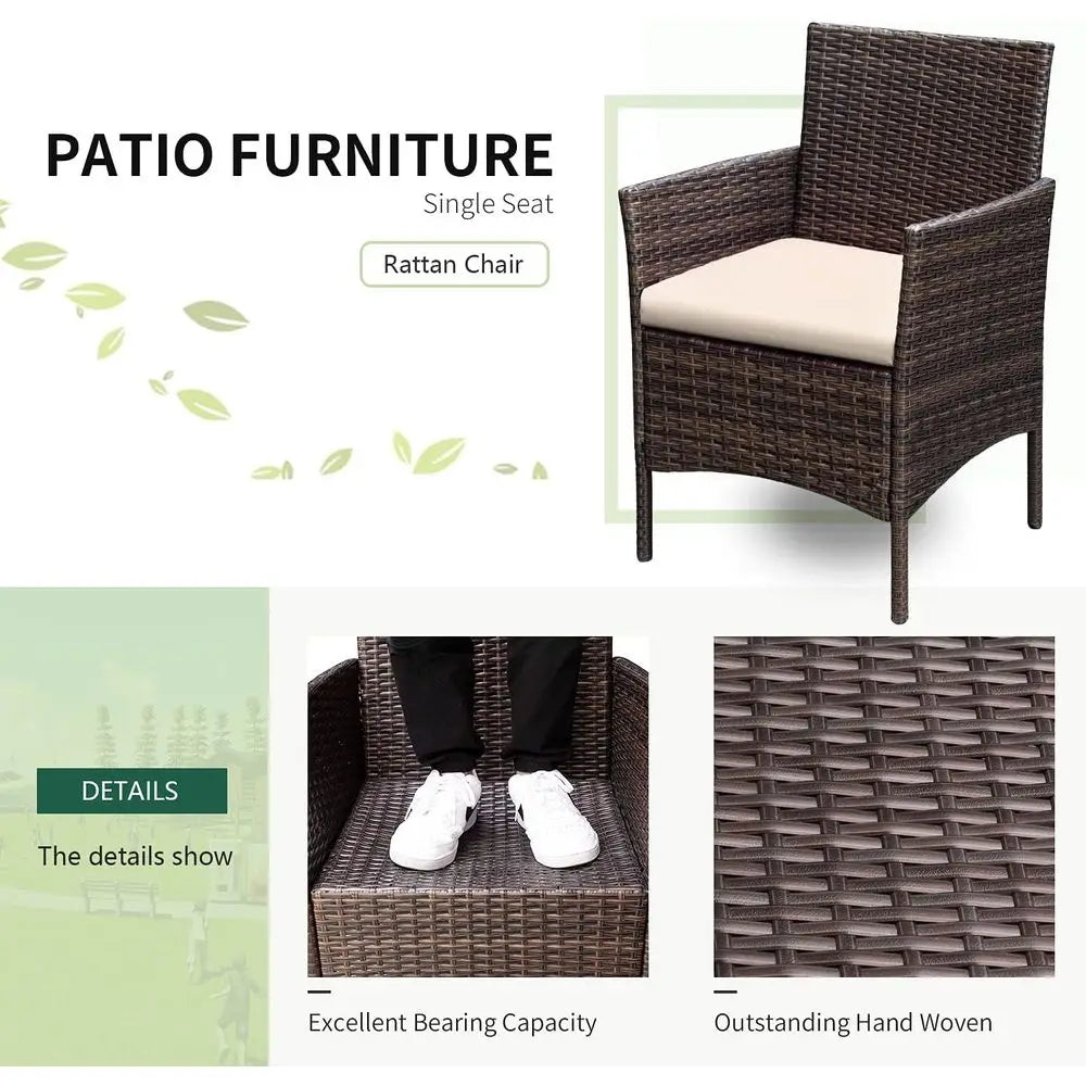 3-Piece Outdoor PE Rattan Furniture Set with Cushions and Glass Coffee Table, Brown and Beige