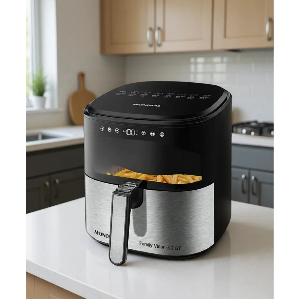 Digital Air Fryer 5.3QT High Power Stainless Steel Finish Black Inox