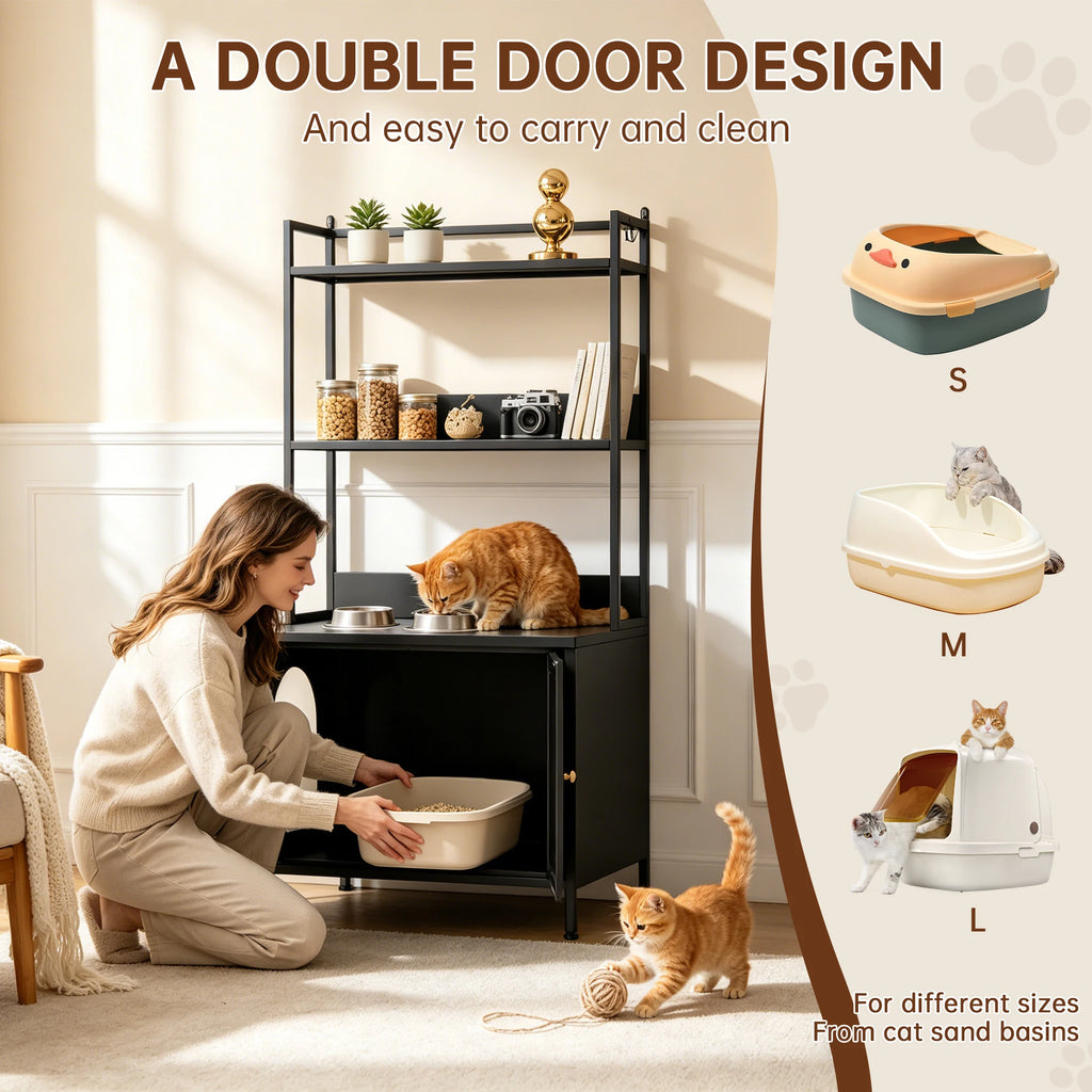 57 Inch Tall Spacious Metal Cat Litter Box Enclosure, Black Hidden Litter Box Cabinet with 3 Tier Storage Shelves Doors 4 S Hooks, Odor Control Pet Washroom Furniture, Heavy Duty Rust Resistant Large Indoor Cat House with Ele
