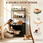 57 Inch Tall Spacious Metal Cat Litter Box Enclosure, Black Hidden Litter Box Cabinet with 3 Tier Storage Shelves Doors 4 S Hooks, Odor Control Pet Washroom Furniture, Heavy Duty Rust Resistant Large Indoor Cat House with Ele