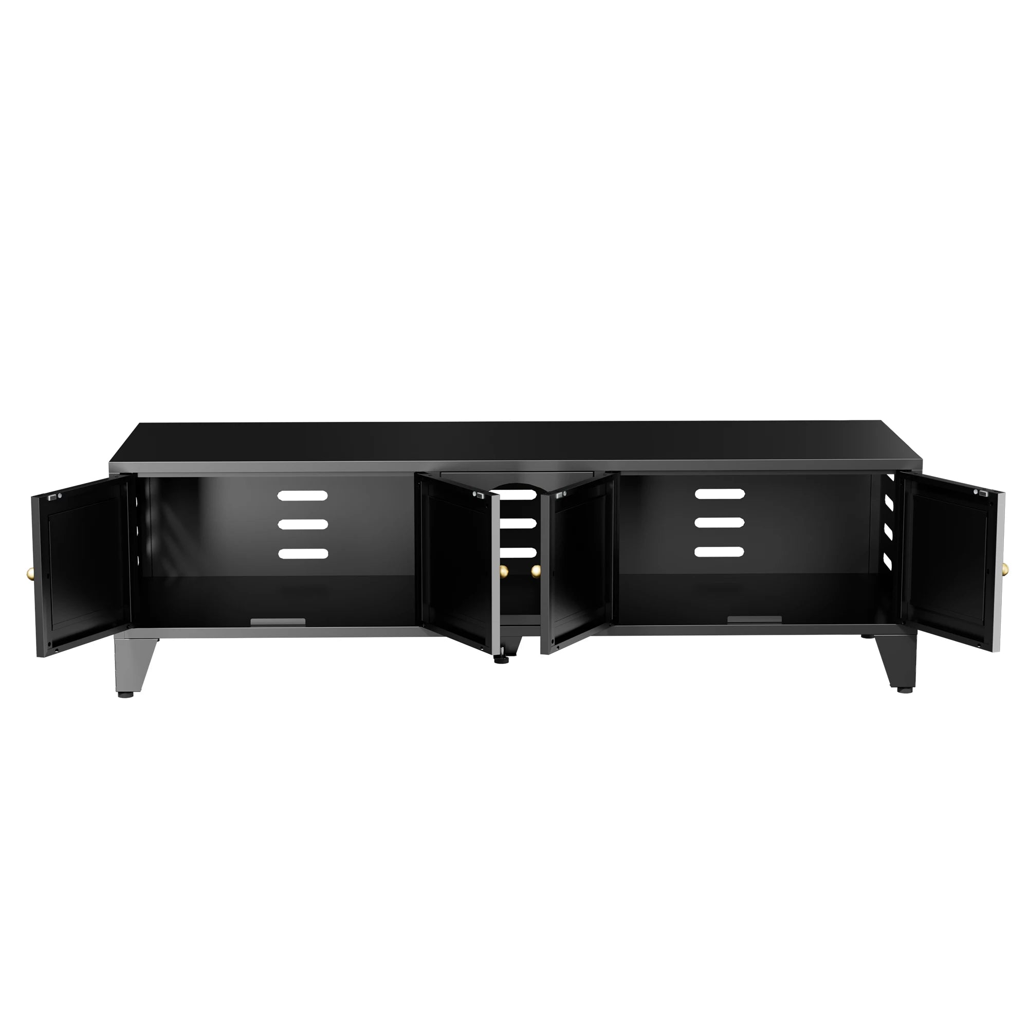 58" Metal Cat Litter Box Enclosure, Hidden Litter Box Furniture for 2 Cats, Large Indoor Cat House TV Stand Cabinet with Ventilation & 2 Compartments, Black Modern Pet Washroom with Adjustable Legs