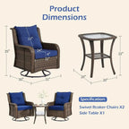 3-Piece Wicker Outdoor Furniture Set with Swivel Rocking Chairs and Side Table - Brown Wicker/Blue Cushions
