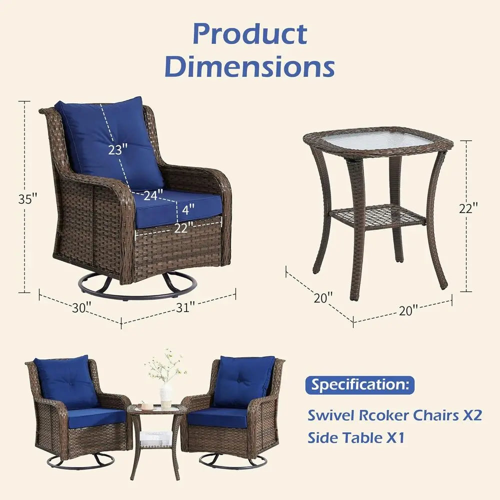 3-Piece Wicker Outdoor Furniture Set with Swivel Rocking Chairs and Side Table - Brown Wicker/Blue Cushions
