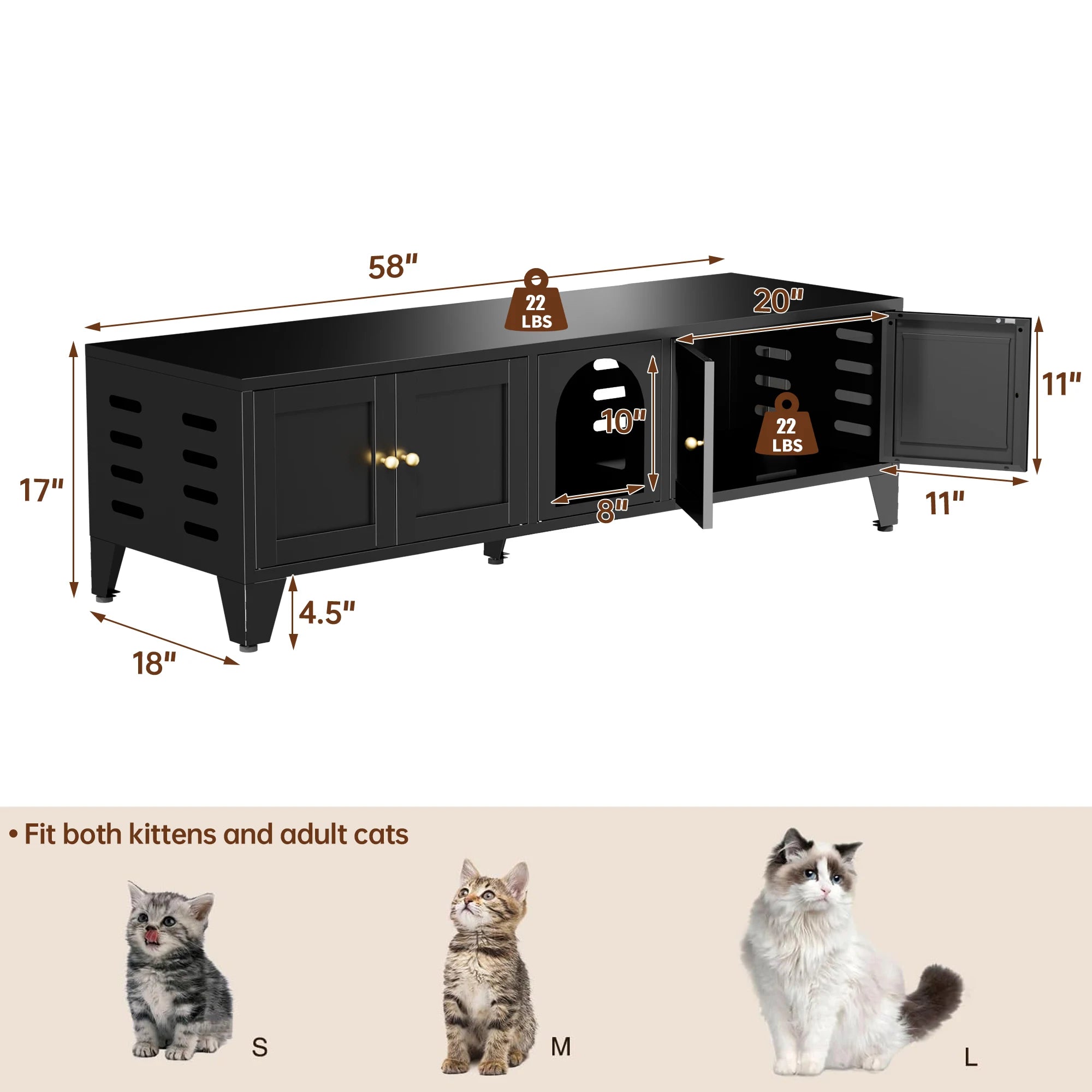 58" Metal Cat Litter Box Enclosure, Hidden Litter Box Furniture for 2 Cats, Large Indoor Cat House TV Stand Cabinet with Ventilation & 2 Compartments, Black Modern Pet Washroom with Adjustable Legs