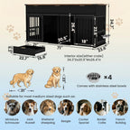 71 Inch Furniture Style Double Dog Crate, Black Large Dog Kennel Furniture with 3 Fluted Drawers Waterproof Walnut Woodgrain Tabletop, Type C Power Outlet Rotating Feeders Stainless Steel Bowls, Heavy Duty Wood Steel Dog Crat