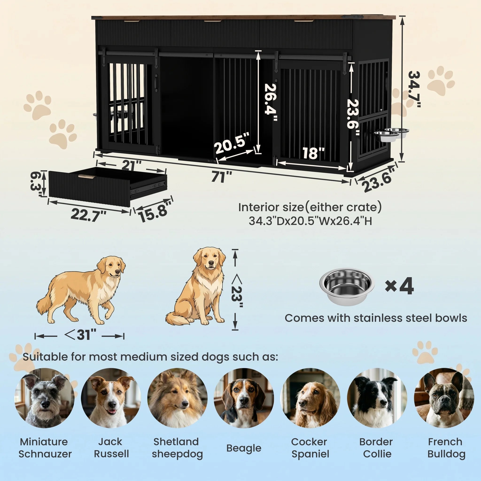 71 Inch Furniture Style Double Dog Crate, Black Large Dog Kennel Furniture with 3 Fluted Drawers Waterproof Walnut Woodgrain Tabletop, Type C Power Outlet Rotating Feeders Stainless Steel Bowls, Heavy Duty Wood Steel Dog Crat