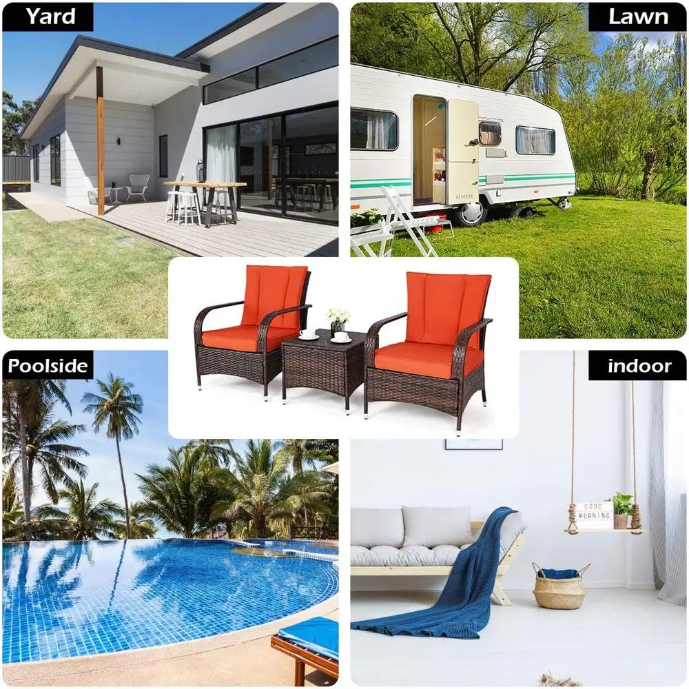 3-Piece Patio Furniture Set: 2 Wicker Chairs with Glass Top Coffee Table, Outdoor Garden Porch Poolside Seating