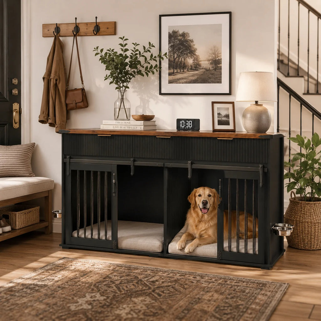 71 Inch Furniture Style Double Dog Crate, Black Large Dog Kennel Furniture with 3 Fluted Drawers Waterproof Walnut Woodgrain Tabletop, Type C Power Outlet Rotating Feeders Stainless Steel Bowls, Heavy Duty Wood Steel Dog Crat