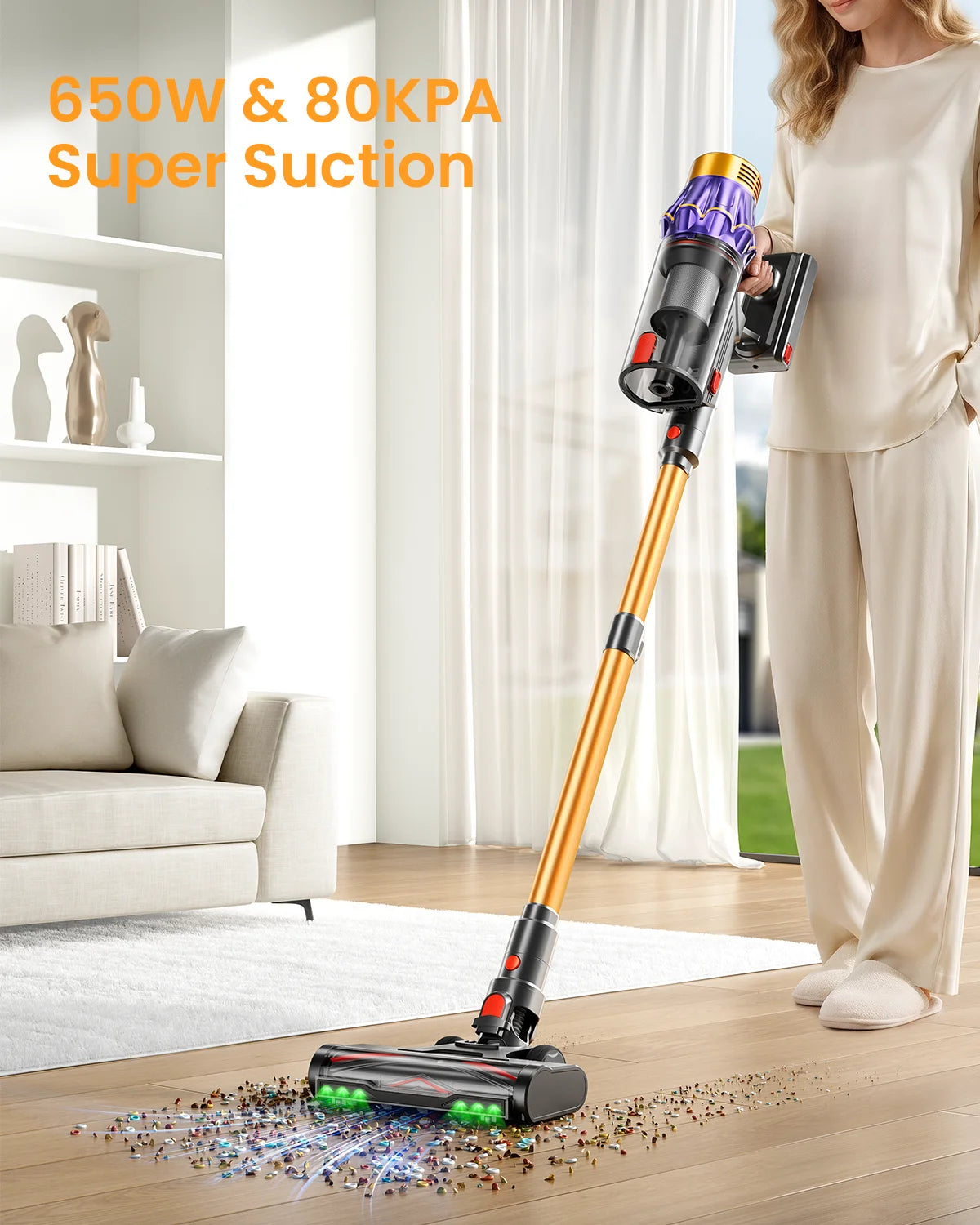 VAKERR M9/Y9 80KPA Cordless Vacuum Cleaner 650W Strong Suction Stick Vacuum 80Mins Runtime for Hard Floor Pet Hair and Carpet
