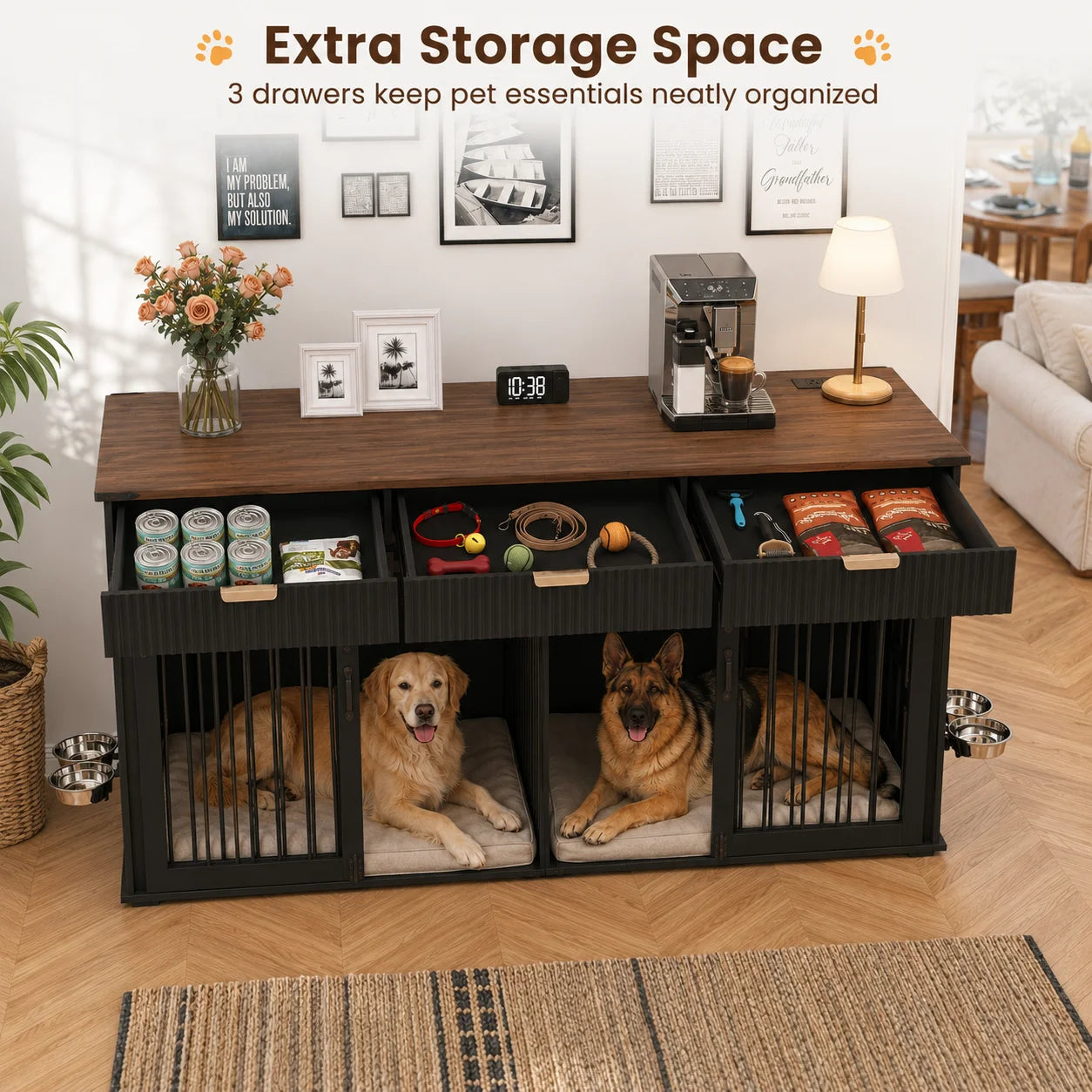 71 Inch Furniture Style Double Dog Crate, Black Large Dog Kennel Furniture with 3 Fluted Drawers Waterproof Walnut Woodgrain Tabletop, Type C Power Outlet Rotating Feeders Stainless Steel Bowls, Heavy Duty Wood Steel Dog Crat