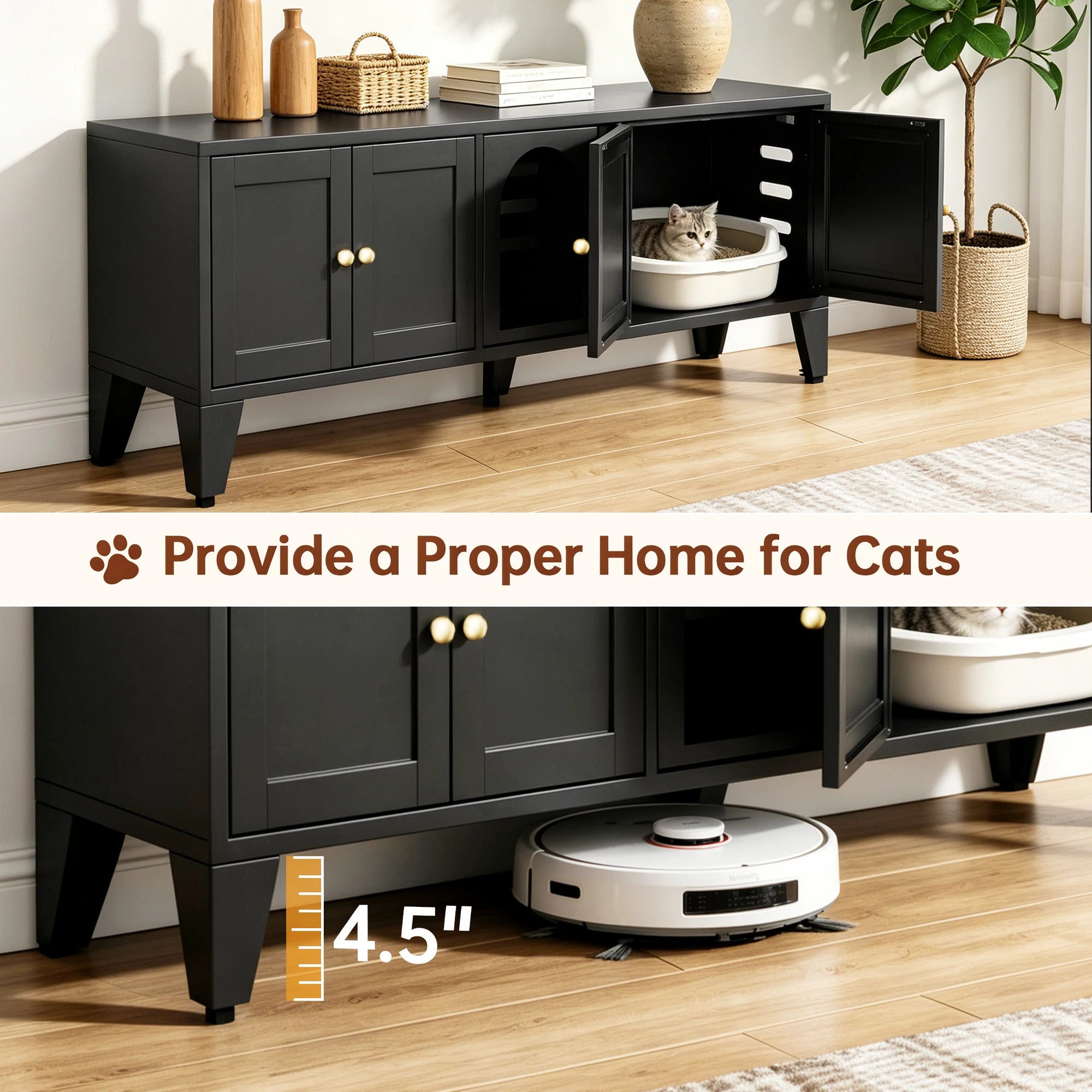 58" Metal Cat Litter Box Enclosure, Hidden Litter Box Furniture for 2 Cats, Large Indoor Cat House TV Stand Cabinet with Ventilation & 2 Compartments, Black Modern Pet Washroom with Adjustable Legs