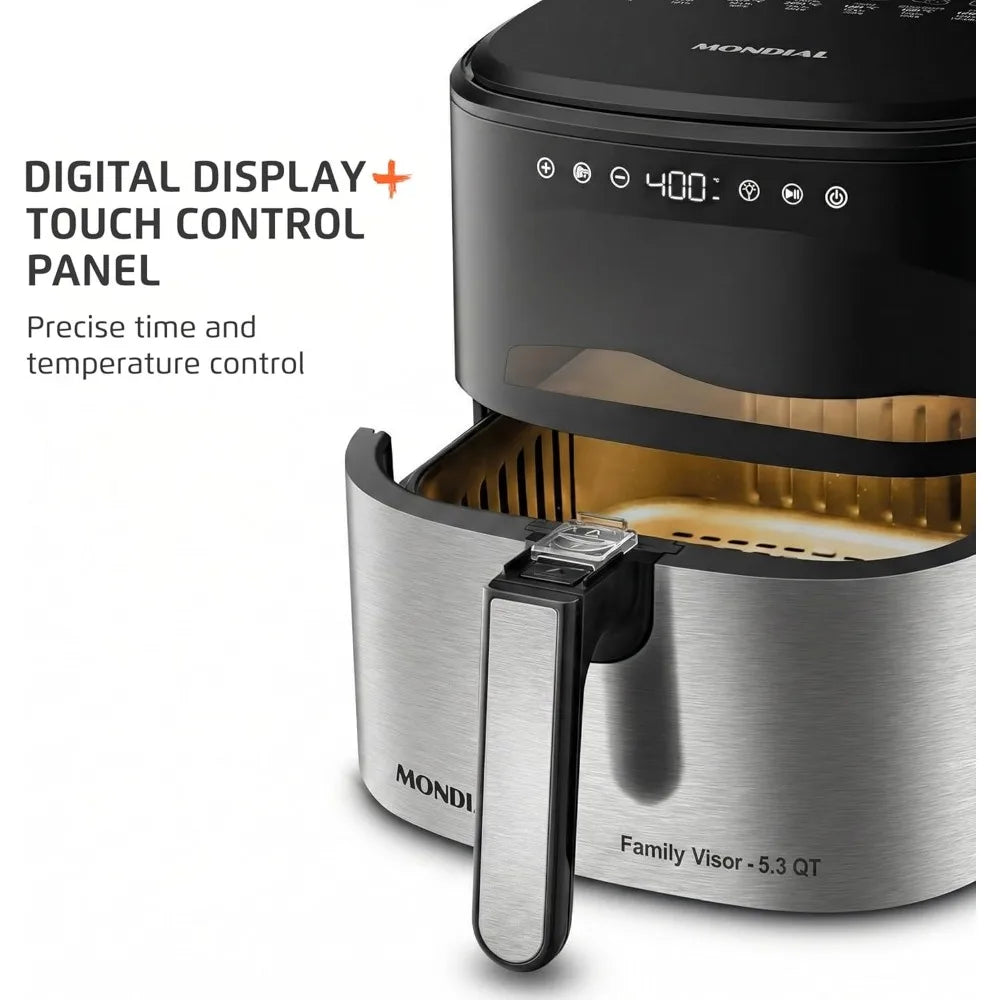 Digital Air Fryer 5.3QT High Power Stainless Steel Finish Black Inox
