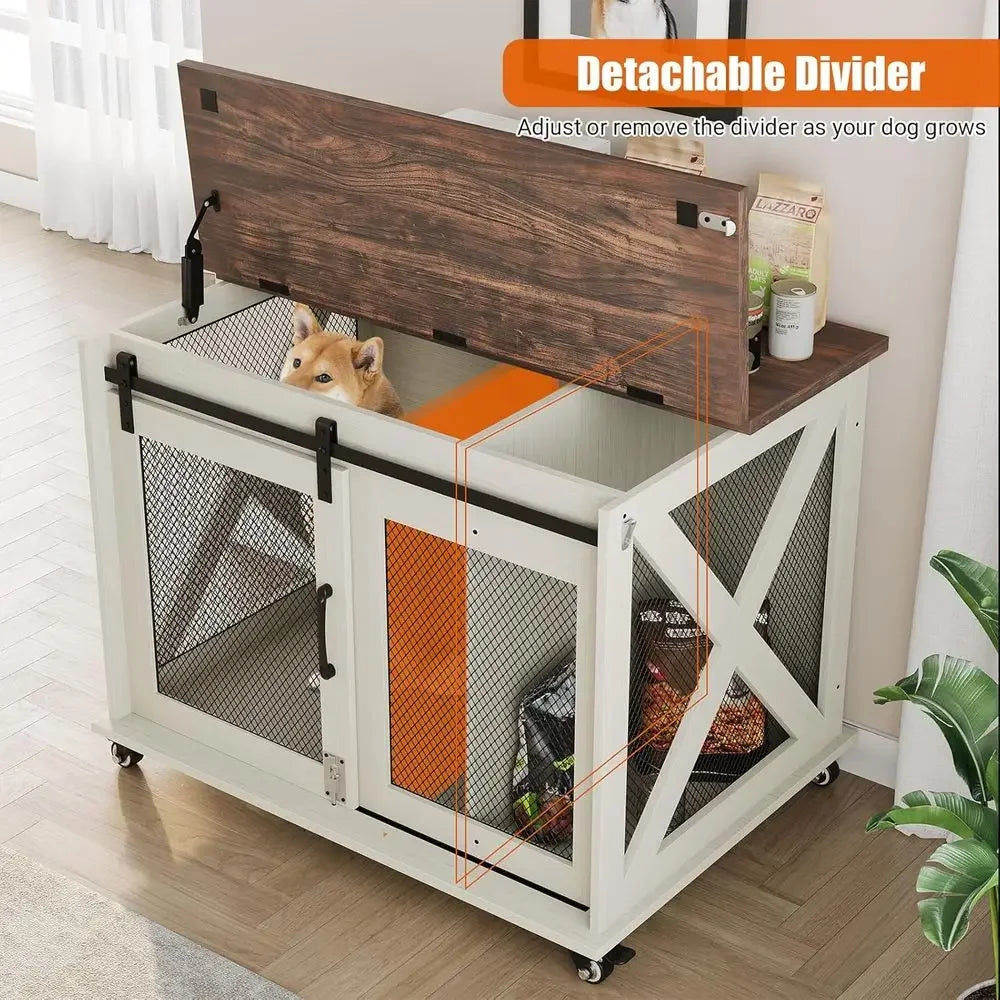 37 Dog Kennel Furniture, Sliding Door, Top Lip Table, Removable Divider for Medium Dogs