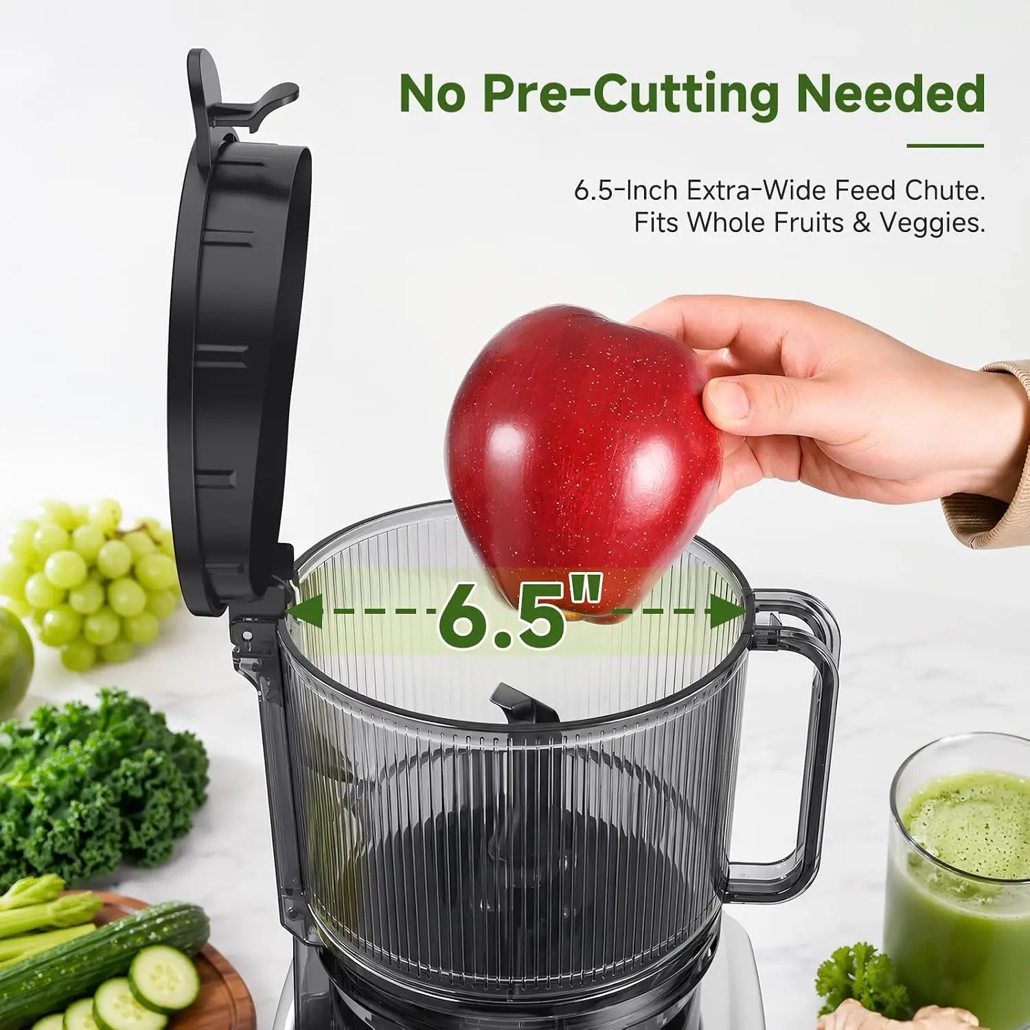 Slow Masticating Cold Press Juicer, 6.5-Inch Wide Chute for Whole Fruits and Vegetables, Easy to Clean and Clog-Resistant, Quiet