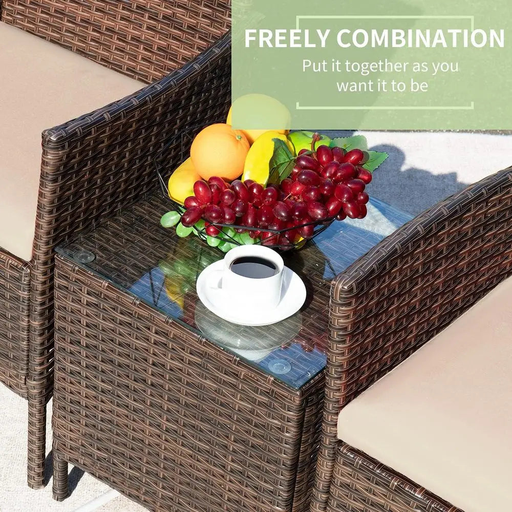 3-Piece Outdoor PE Rattan Furniture Set with Cushions and Glass Coffee Table, Brown and Beige