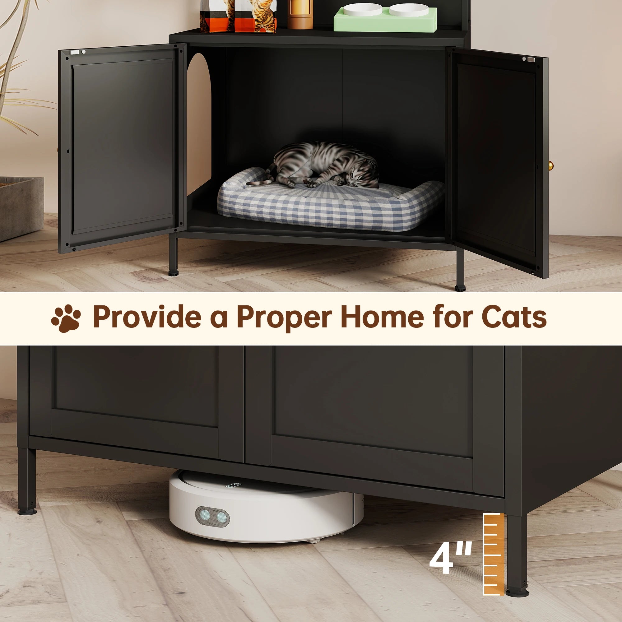 57 Inch Tall Spacious Metal Cat Litter Box Enclosure, Black Hidden Litter Box Cabinet with 3 Tier Storage Shelves Doors 4 S Hooks, Odor Control Pet Washroom Furniture, Heavy Duty Rust Resistant Large Indoor Cat House with Ele