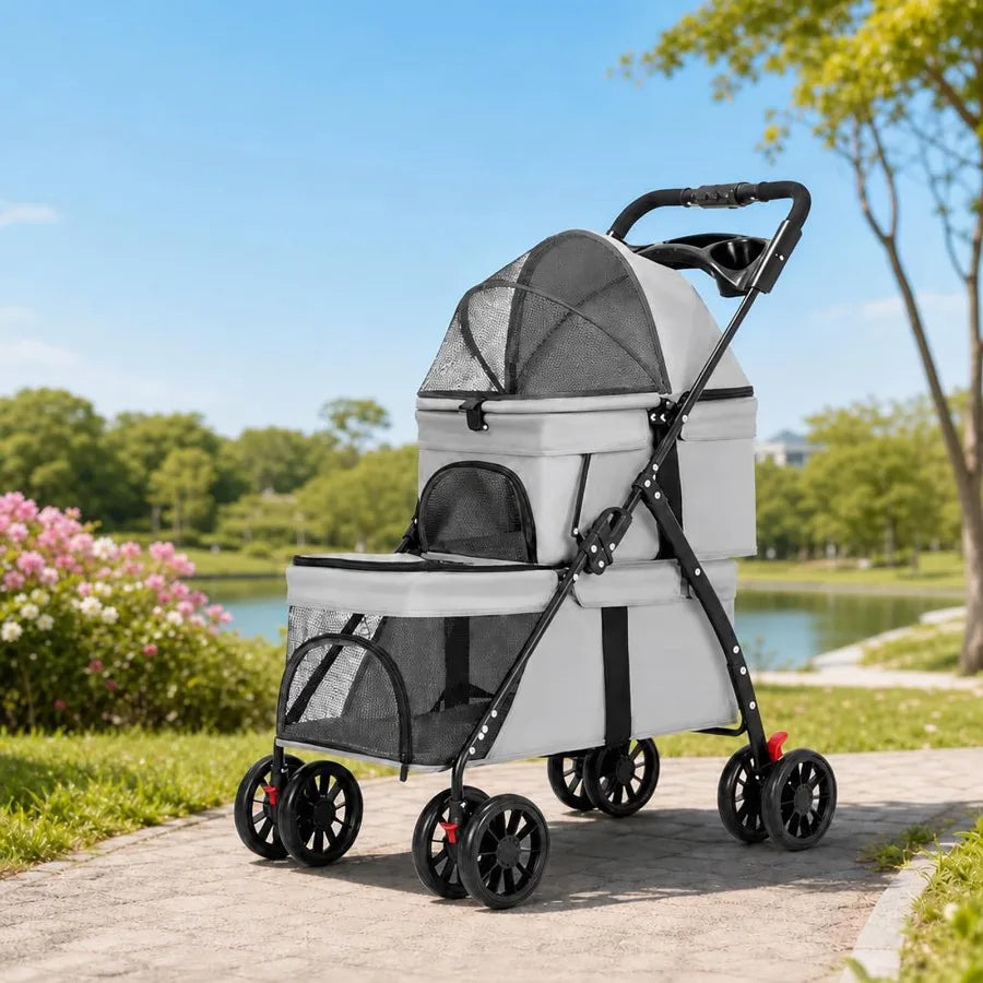 Double Pet Stroller for Small Cats and Dogs, Foldable Kittens Puppies Travel Strolling Cart with 2 Carriages, Lockable Wheels,