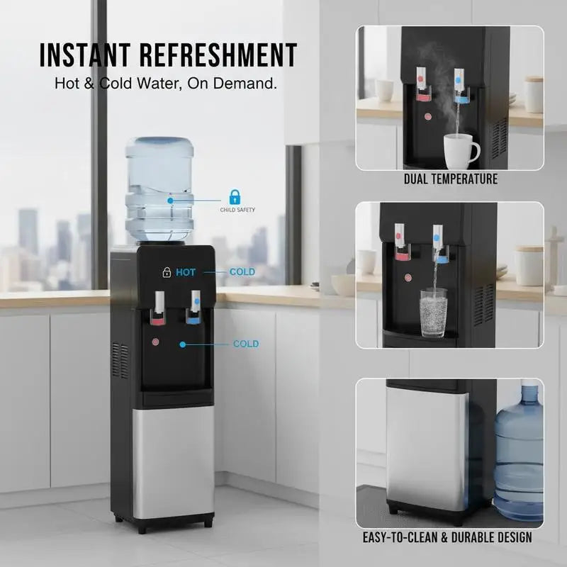 Top Loading Water Cooler Dispenser, Hot and Cold Water Dispenser for 3 or 5 Gallons Bottles, Sturdy Stainless Steel and Child Security Lock, Ideal for Homes, Kitchens, Offices, Dorms, Black