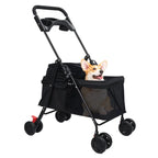 4 Wheels Dog Cat Stroller, Outdoor Travel Pet Folding Stroller, Dog Cat Cage Stroller with Cup Holder, Visible Window for Mediu