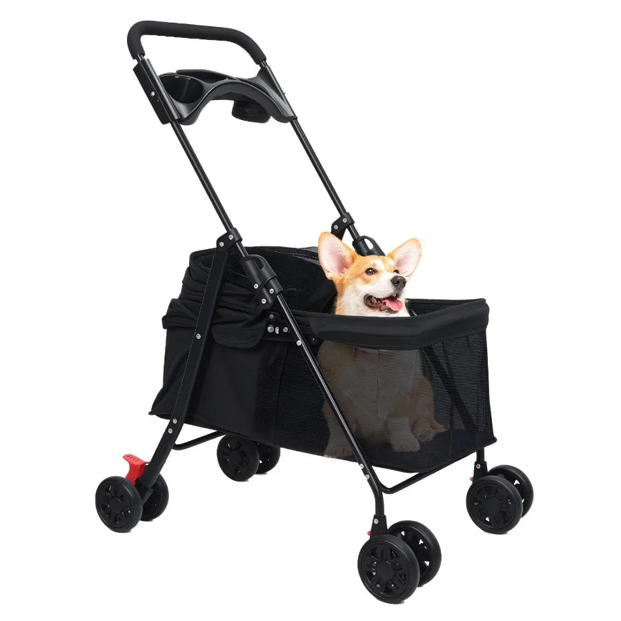 4 Wheels Dog Cat Stroller, Outdoor Travel Pet Folding Stroller, Dog Cat Cage Stroller with Cup Holder, Visible Window for Mediu