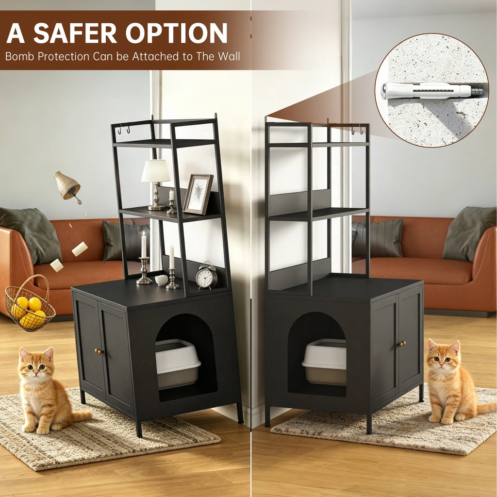 57 Inch Tall Spacious Metal Cat Litter Box Enclosure, Black Hidden Litter Box Cabinet with 3 Tier Storage Shelves Doors 4 S Hooks, Odor Control Pet Washroom Furniture, Heavy Duty Rust Resistant Large Indoor Cat House with Ele
