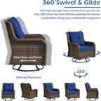 3-Piece Wicker Outdoor Furniture Set with Swivel Rocking Chairs and Side Table - Brown Wicker/Blue Cushions