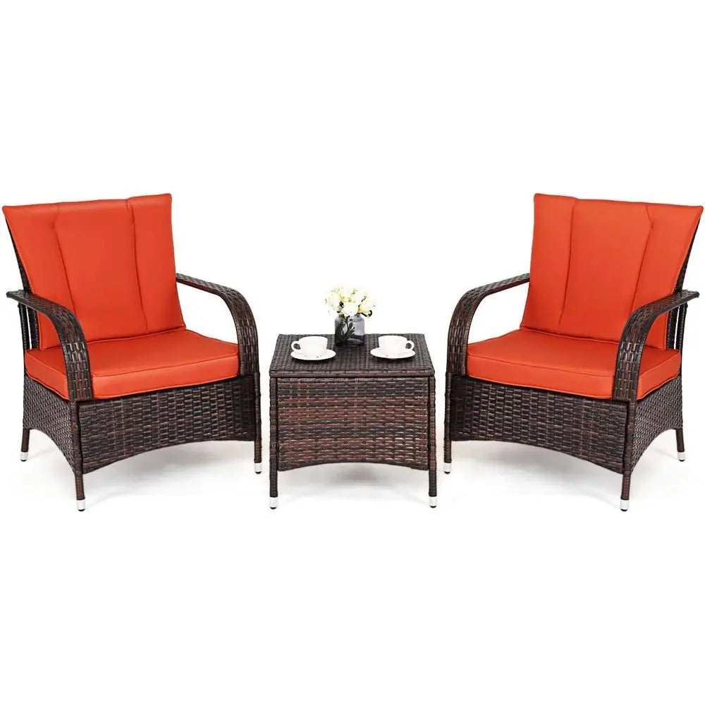 3-Piece Patio Furniture Set: 2 Wicker Chairs with Glass Top Coffee Table, Outdoor Garden Porch Poolside Seating